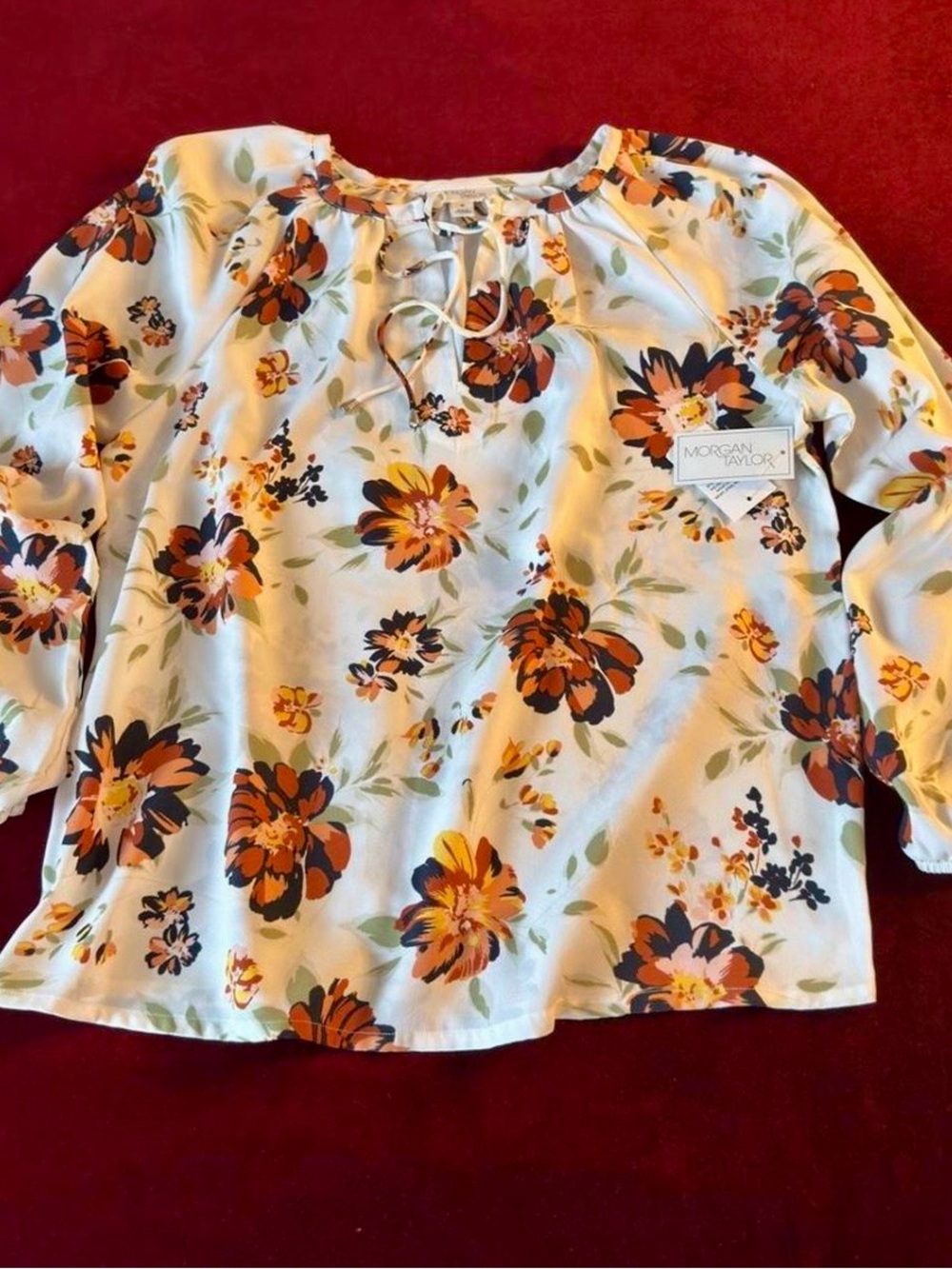 Brand New  Taylor Cream Floral Tie-Neck Top with Orange and Navy Blooms size M